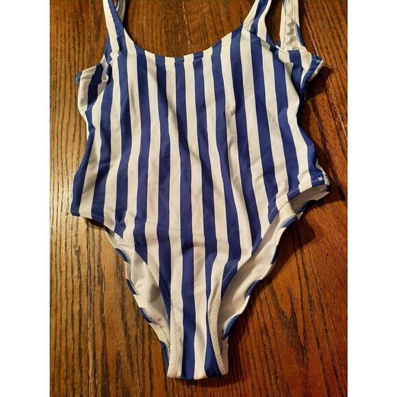 Medium Size 8/10 Love & Sports Blue White Stripe 1pc  Swimsuit Bathing Suit - Picture 3 of 6
